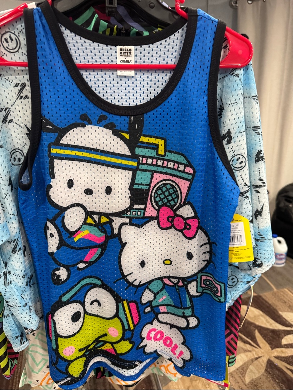 Zumba Fitness Blue Lightning Mesh Tank with Multicolor Cartoon Graphic